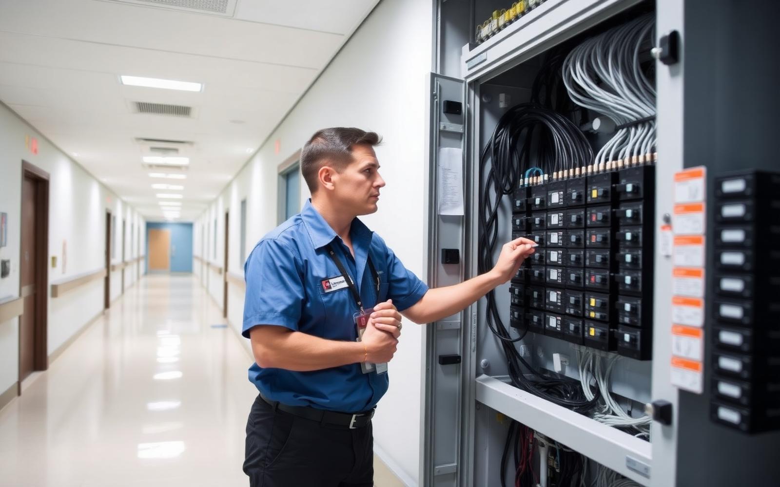 Técnico inspecionando painel elétrico em ambiente hospitalar