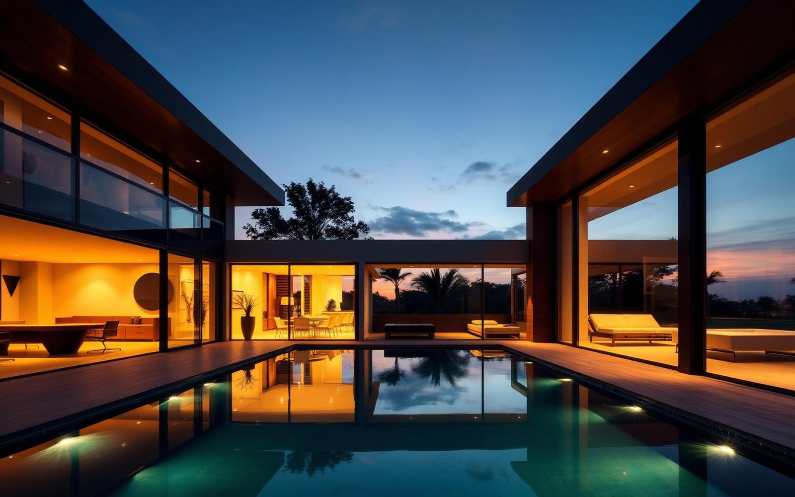 Residência de alto padrão iluminada ao entardecer com automação integrada